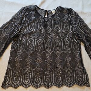 Ultra Pink Women's Sheer Black Metallic Embroidery Top Blouse Whimsy Fairy Goth